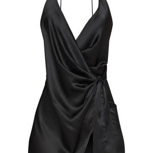 Wrap Black Satin Halterneck Dress
